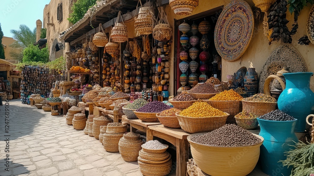 Colorful spice market stalls in a Middle Eastern souk
