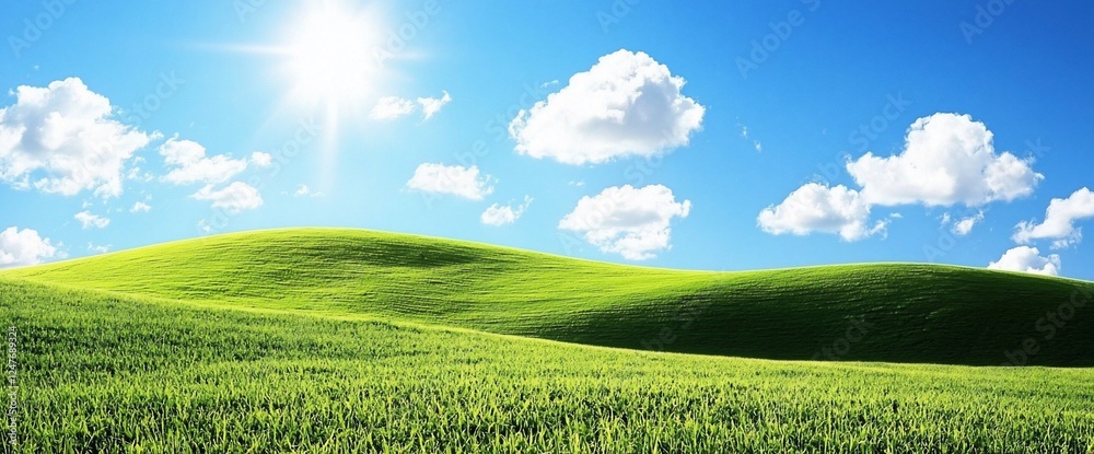 Fototapeta premium Sunny day, rolling green hills, blue sky with fluffy clouds.