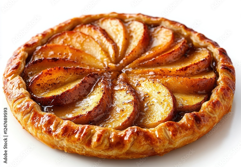 Fototapeta premium Freshly Baked Apple Tart with Glazed Slices Served on a White Surface, Perfect for Dessert and Baking Enthusiasts, Close-Up View