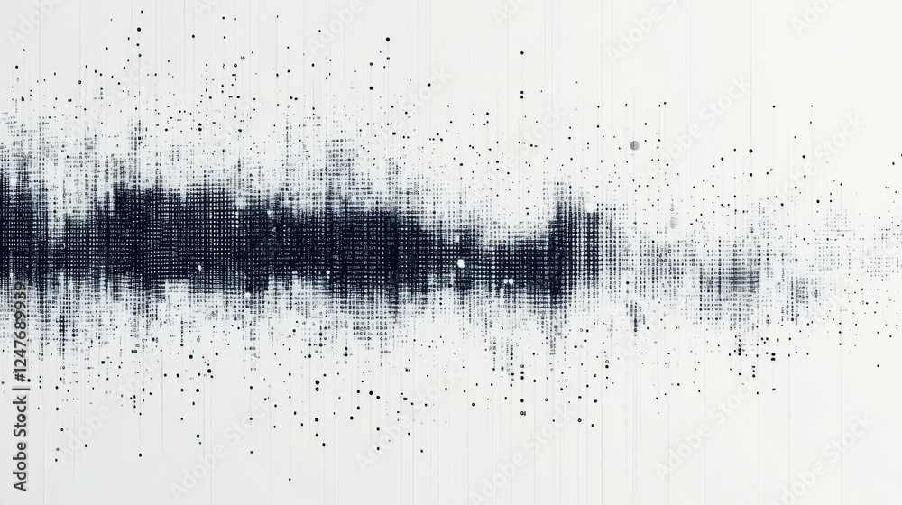 Abstract digital data visualization; grayscale texture with scattered particles forming a central band. Abstract digital data visualization; grayscale texture with scattered particles forming a central band.