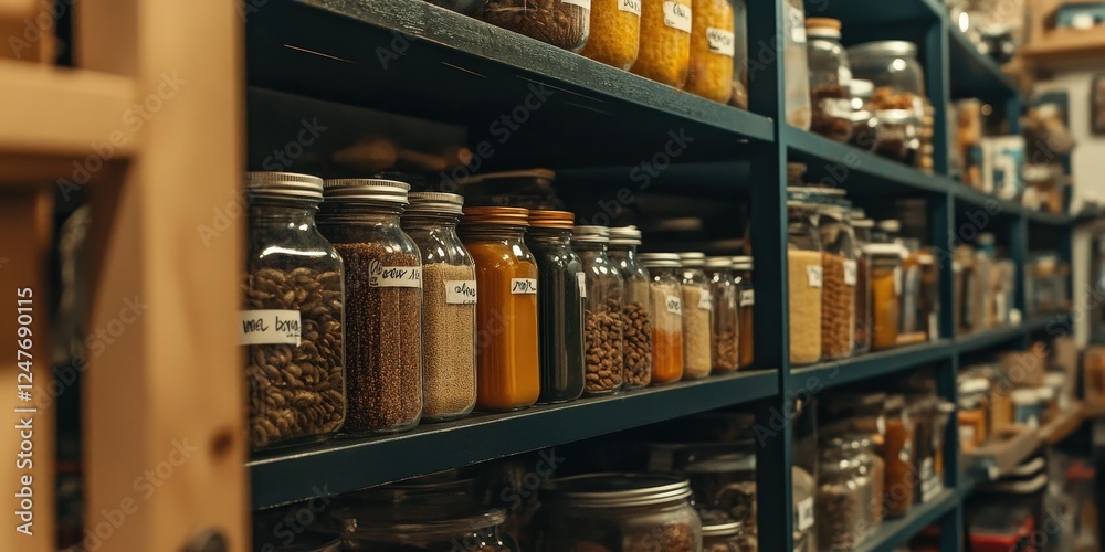 A creative photo of an organized pantry with labeled jars and containers
