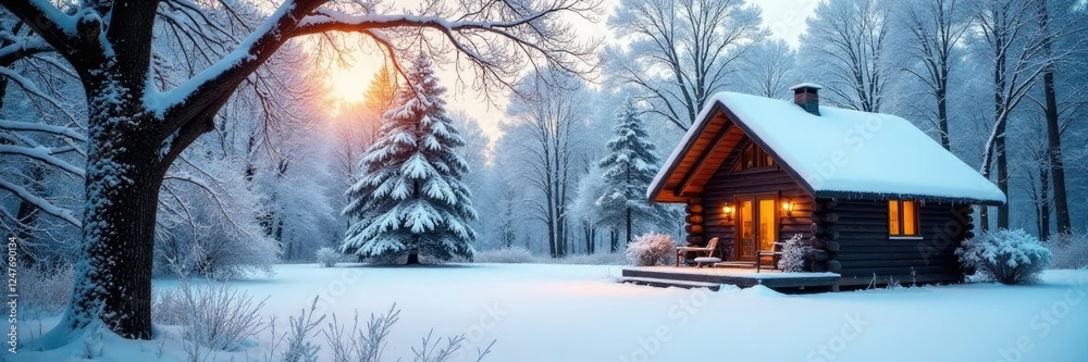Snow-covered trees and branches in the yard of a cabin, serene, , snowy trees Snow-covered trees and branches in the yard of a cabin, serene, , snowy trees