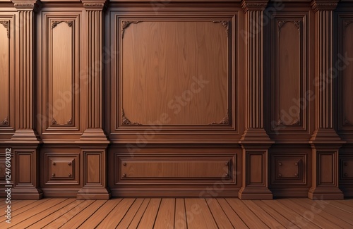Fototapeta Naklejka Na Ścianę i Meble -  Elegant dark brown wood paneling decorates empty room. Ornate frame patterns, columns create classical style. Rich wood texture gives sense of luxury, warmth. Suitable for courtrooms, hotels, home