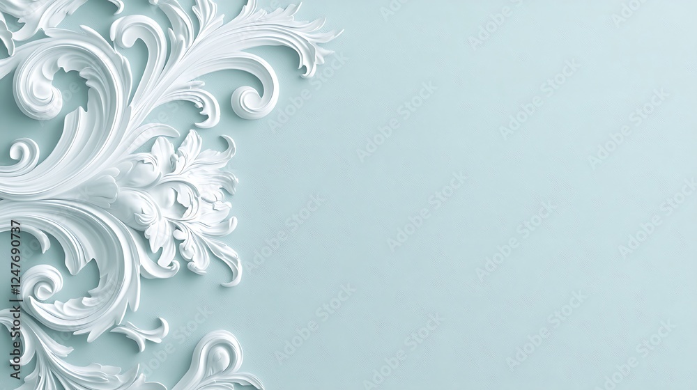 White Ornate Floral Design on Light Blue Background White Ornate Floral Design on Light Blue Background