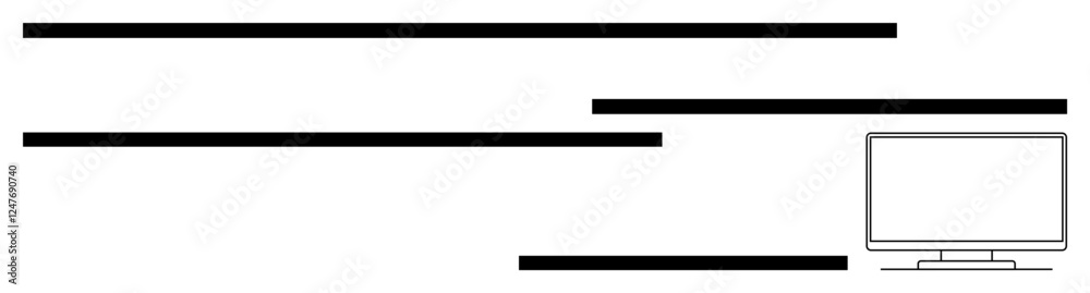 Horizontal black lines of varying lengths parallel aligned with a computer monitor on the right. Ideal for concepts in order, structure, simplicity, technology, workspace, minimalism, design. Line Horizontal black lines of varying lengths parallel aligned with a computer monitor on the right. Ideal for concepts in order, structure, simplicity, technology, workspace, minimalism, design. Line