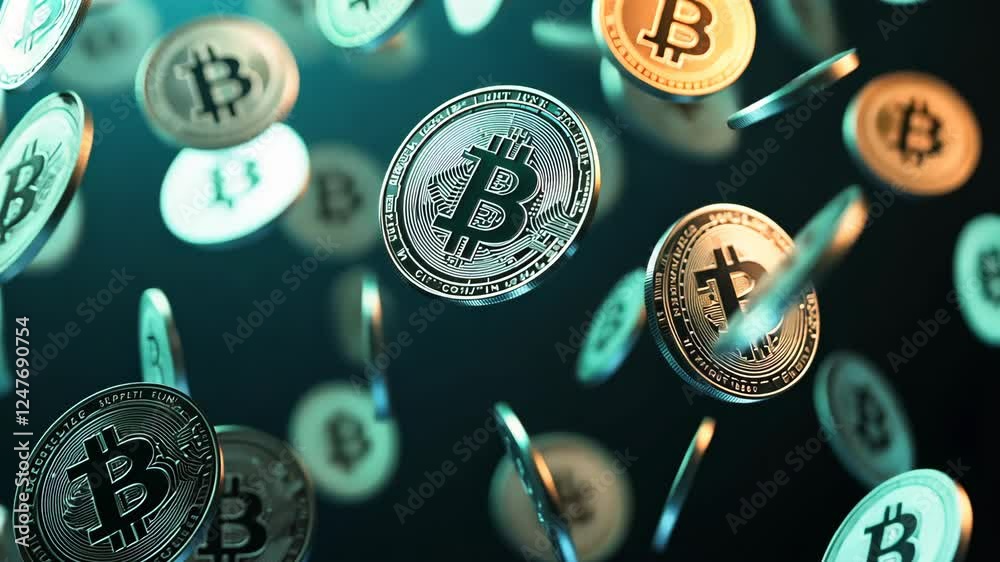 Bunch of coins with the letter B on them. The coins are flying through the air. Concept of excitement and energy, as if the coins are being tossed around in a playful manner