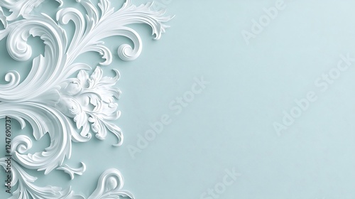 White Ornate Floral Design on Light Blue Background