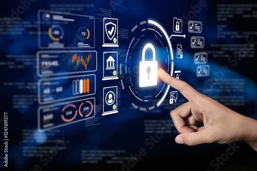 A hand pointing at a digital lock icon, surrounded by various security-related graphics and analytics dashboards, symbolizing cybersecurity and data protection