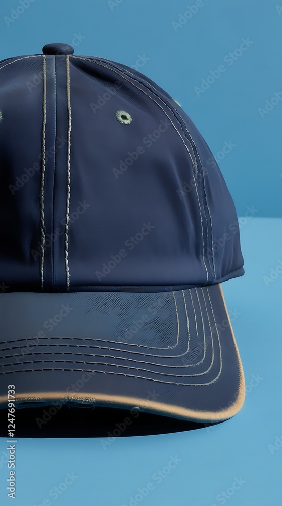Naklejka premium A close-up of a black baseball cap on a blue background, showcasing its classic design, curved brim, ventilation eyelets, and durable fabric, ideal for casual wear and fashion accessories