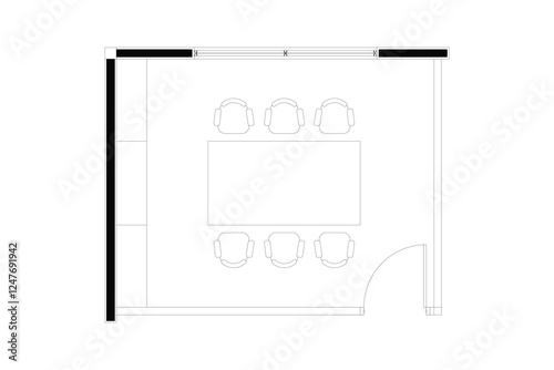 2 dimension of layout plan meeting room 6 chairs interior design, black lines on white background. 2