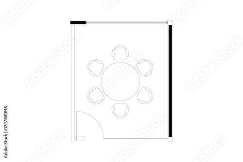 2 dimension of layout plan meeting room 6 chairs round table interior design, black lines on white background. 3