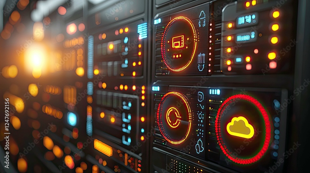 Obraz premium Futuristic Server Room: Exploring the Realm of Digital Technology and Cloud Computing