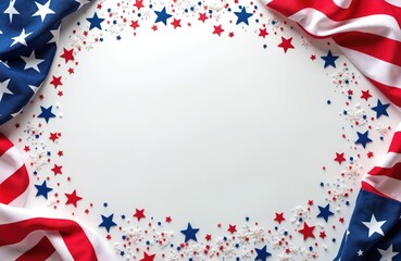 White backdrop decorated with American patriotic symbols. Red white, blue stars, confetti create festive border. American flags drape edges adding to patriotic theme. Ideal for Independence Day