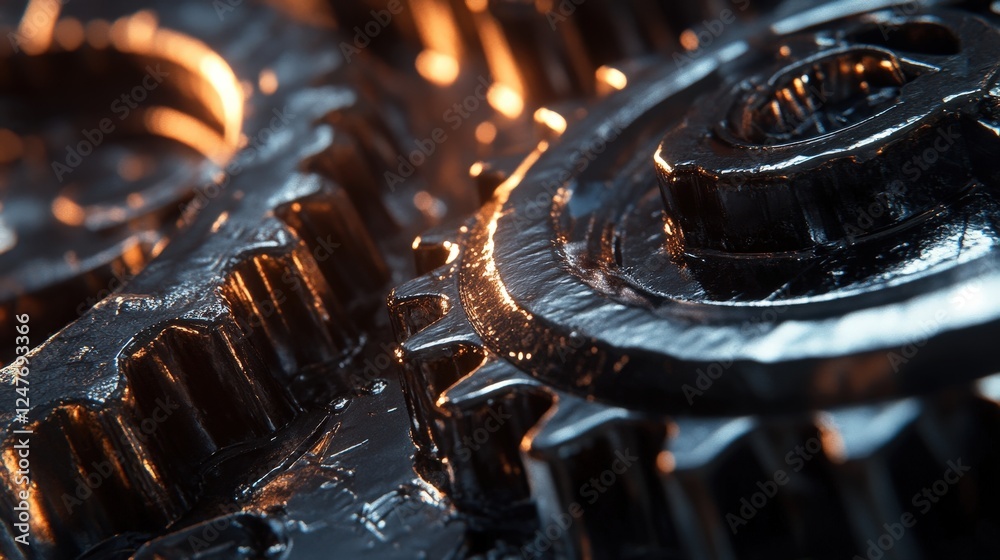 A close-up of industrial gears in motion with a metallic sheen A close-up of industrial gears in motion with a metallic sheen