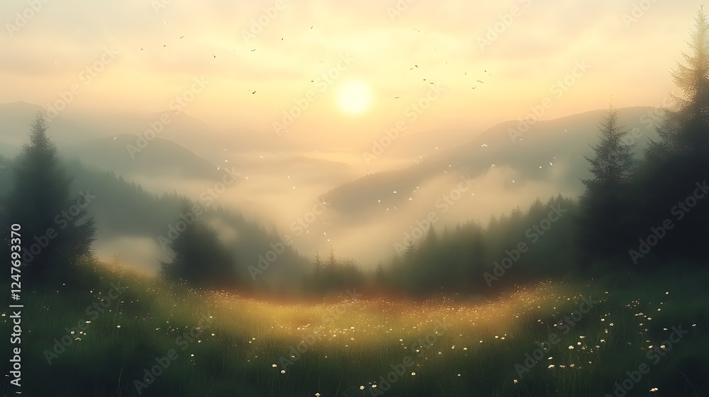 Naklejka premium Serene Sunrise Over Misty Mountain Valley Landscape