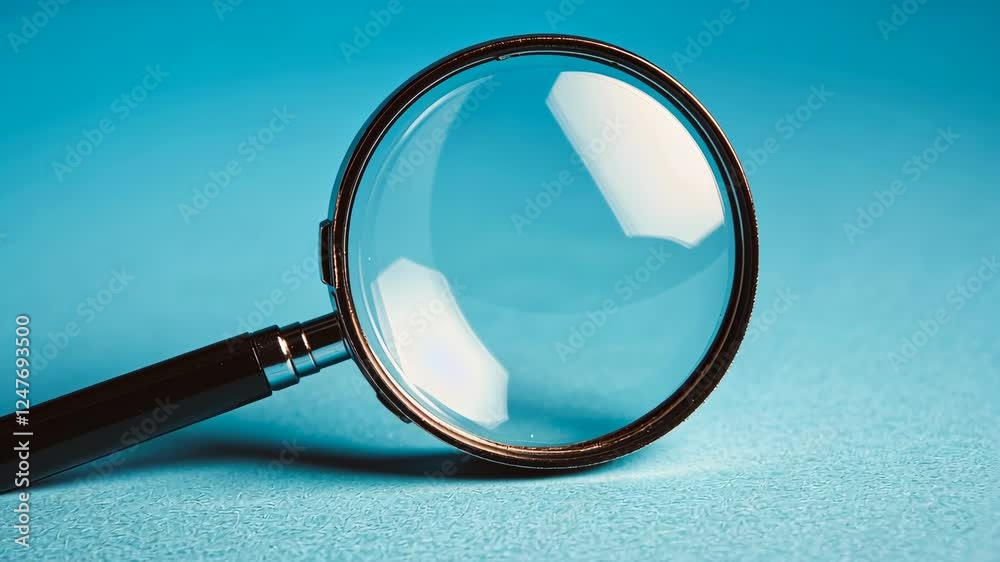 Magnifying glass is on a blue background. Concept of curiosity and exploration
