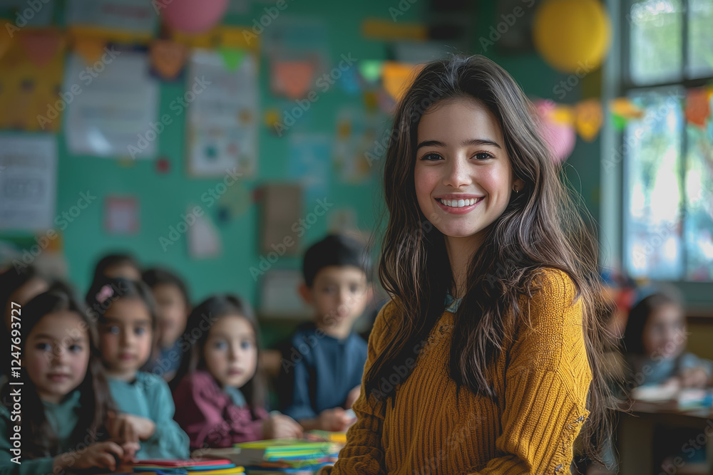 Fototapeta premium Girl smiling while sitting at a desk in a classroom with books and educational materials around her