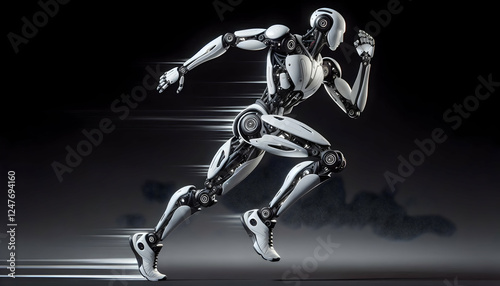 AI Robot A full-body shot of a dynamic AI robot running at full speed, with its futuristic white and black de4