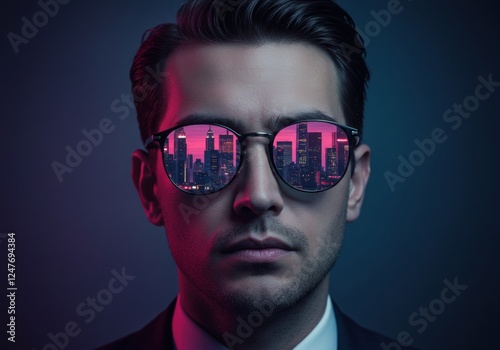 Urban reflection in sunglasses on stylish man with cityscape at night photo