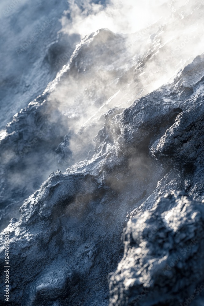 A close-up of volcanic rock formations, textured and steaming A close-up of volcanic rock formations, textured and steaming