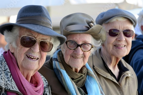 Portrait of a group of elderly women in hats and sunglasses. photo