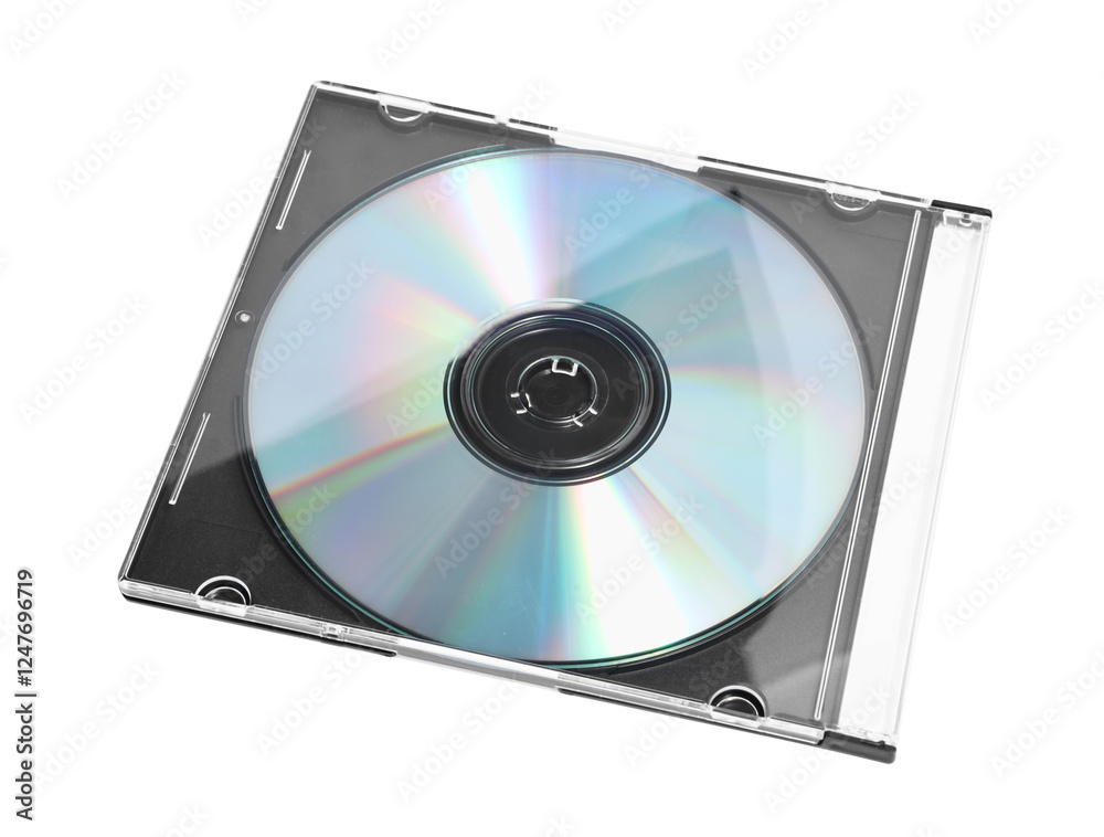 Shiny compact disc in jewel case isolated on white Shiny compact disc in jewel case isolated on white