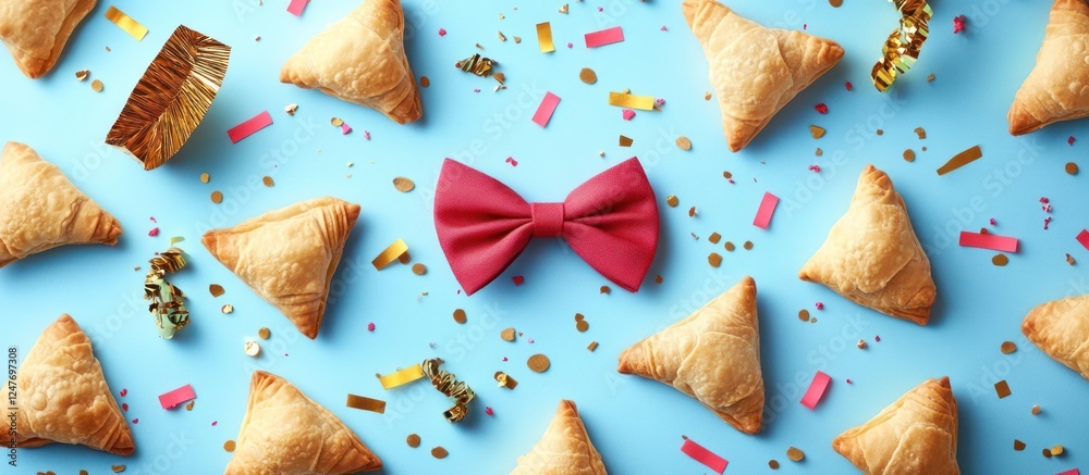 Festive pastries, bow tie, confetti, blue Festive pastries, bow tie, confetti, blue