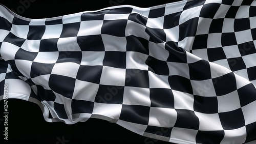 The texture of a checkered racing flag is sharp and close-up, frozen in mid-motion, with wavy fabric fluttering dynamically.