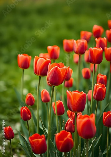 Many red tulips on a green background bokeh green bokeh green abstract background light bright blur pattern