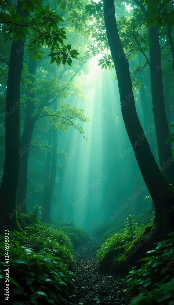 Obraz premium An ethereal mist shrouding the forest canopy above, wild, foliage, leaves