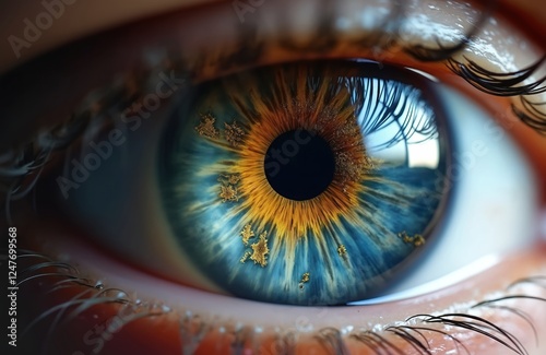 Closeup human eye reflecting earth. Eye pupil shows earth details. Colorful eye textures highlight fragility of planet. Macro view emphasizes vulnerability. Abstract art style. Image evokes photo
