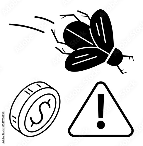 Flying insect near dollar coin and caution symbol illustrating financial risk, economic issues, or pest-related losses. Ideal for finance, risks, warnings, agriculture, costs, hazard abstract line