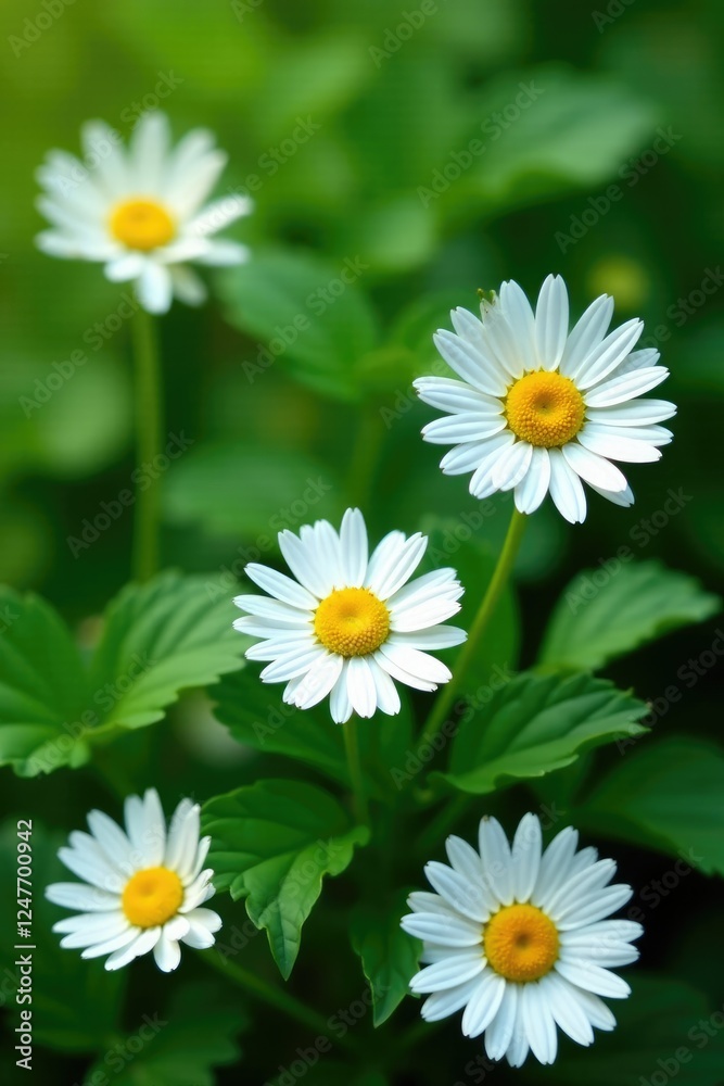 Delicate daisies scattered on lush green leaves, bloom, nature scene Delicate daisies scattered on lush green leaves, bloom, nature scene