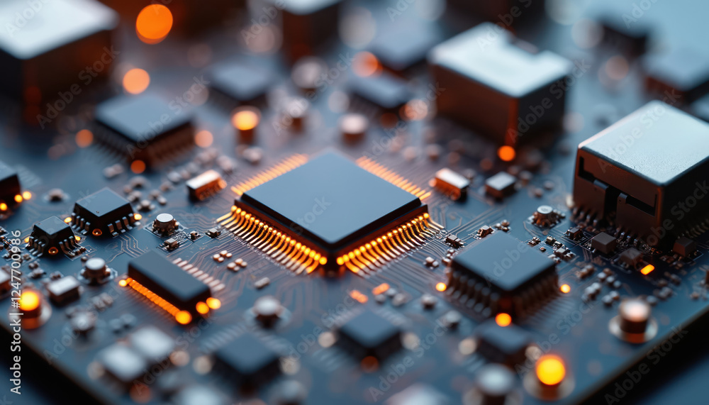 Close-up view of intricate microchip, wireless circuit components. Modern tech design elements illuminated, displaying complex circuitry, connections. Advanced components create dynamic image of Close-up view of intricate microchip, wireless circuit components. Modern tech design elements illuminated, displaying complex circuitry, connections. Advanced components create dynamic image of