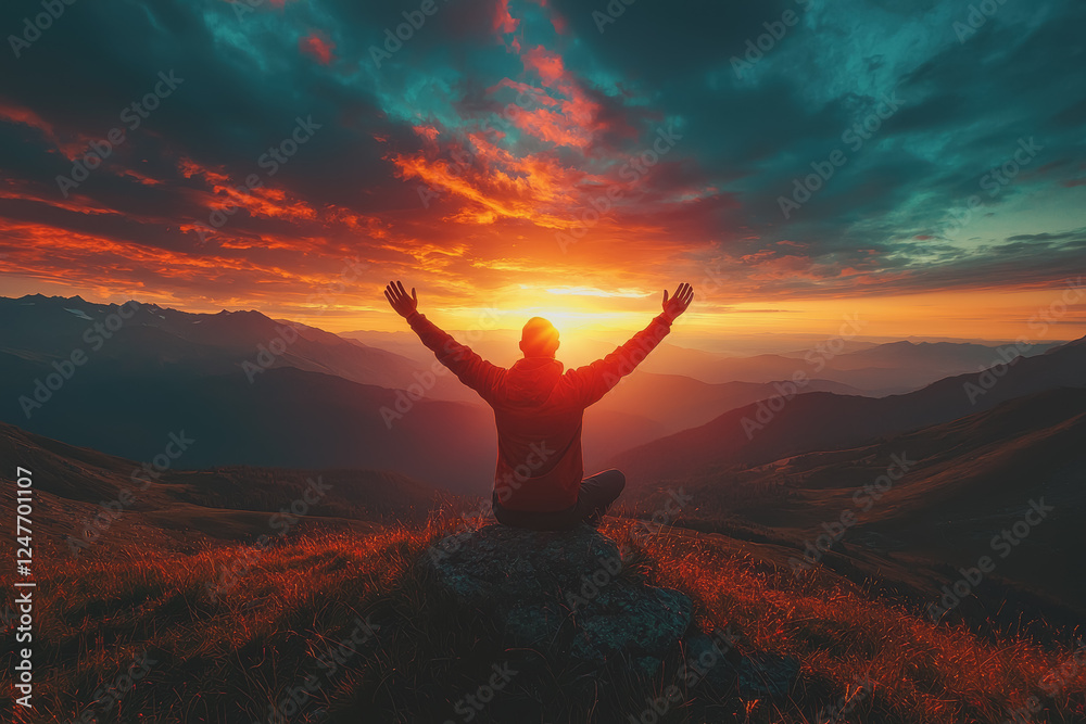 Person standing on top of mountain with arms raised enjoying view of nature under clear blue sky during sunny day Person standing on top of mountain with arms raised enjoying view of nature under clear blue sky during sunny day