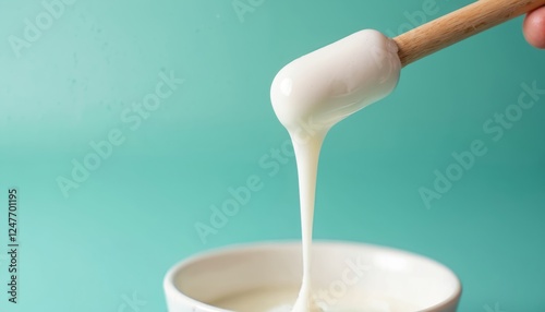 Close-up view of white glue dripping from wooden stick. Glue flows smoothly. Wooden stick holds white liquid glue. Sticky substance drips into white container. Turquoise background. Craft project DIY