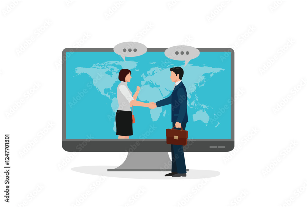 online conclusion of the transaction. the opening of a new startup. business handshake, via phone and laptop. vector illustration in a flat style investor holds money in ideas online vector online conclusion of the transaction. the opening of a new startup. business handshake, via phone and laptop. vector illustration in a flat style investor holds money in ideas online vector