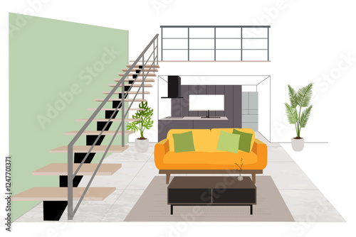 ソファーや階段、キッチンのあるおしゃれなリビングルーム