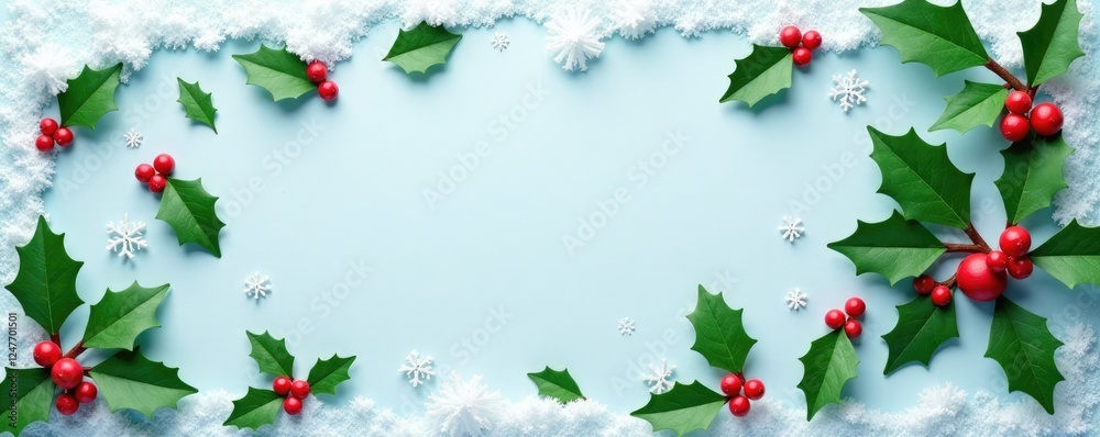 Fototapeta premium Delicate holly leaves scattered on a snowy surface with intricate paper cutouts of Christmas bells, decorations, winter