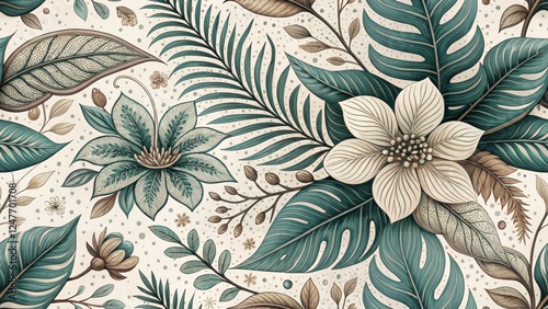 Wallpaper Mural Elegant botanical pattern featuring tropical flowers and leaves in teal and beige Torontodigital.ca