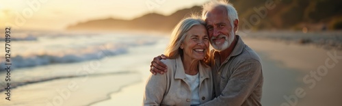 Elderly couple embraces on beach at sunset. Happy, affectionate. Enjoy retirement, their golden years. Relaxing peaceful atmosphere. Golden light. Love, happiness in old age. Life simple pleasures. photo