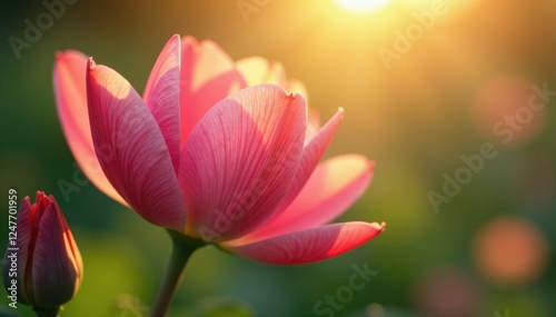 Delicate petals unfolding under morning sunlight, spring, gentle, serene