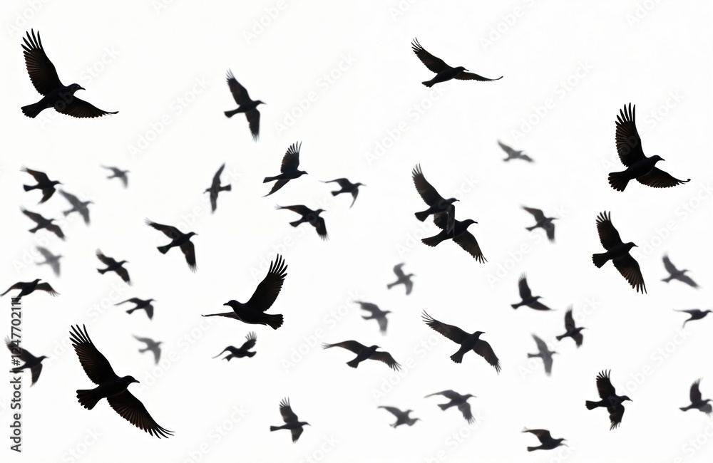 Flock of black birds soars across sky. Birds fly freely. Silhouette birds against transparent background. Natural scene. Wildlife image. Aerial view of birds in motion. Birds flying in formation. Flock of black birds soars across sky. Birds fly freely. Silhouette birds against transparent background. Natural scene. Wildlife image. Aerial view of birds in motion. Birds flying in formation.