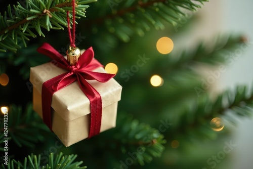 Gift box ornament on brown paper wrapped tree branch, Christmas, holiday, evergreen