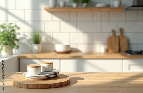 Wallpaper Mural Wooden podium for kitchen product presentation. White kitchen in background. Modern design. Empty platform for products. Stylish, minimal display. Kitchenware, tableware displayed on wooden round Torontodigital.ca