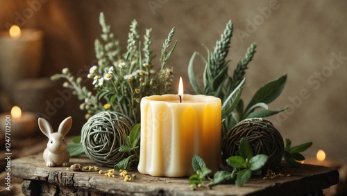 Easter Bunny Figurine with Candle and Plants on Wooden Table