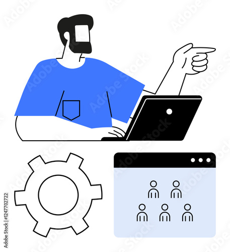 Bearded man gestures while working on a laptop, with a browser window displaying user icons and a gear. Ideal for teamwork, online tools, project management, communication, leadership, business