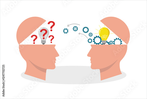 Knowledge or ideas sharing bulb light between two people head, transferring knowledge, mental innovation, brain storming concept