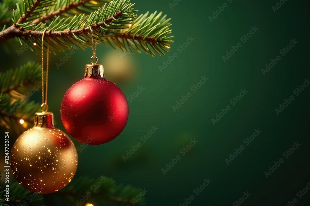 Naklejka premium Glittering golden ornaments hanging from a Christmas tree branch, shiny, branches