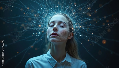 Woman meditates with thought connection. Mind power transmits thought. Mental energy. Telepathic connection. Neural pathways. Conscious awareness. Psychedelic art. Brain activity visual photo